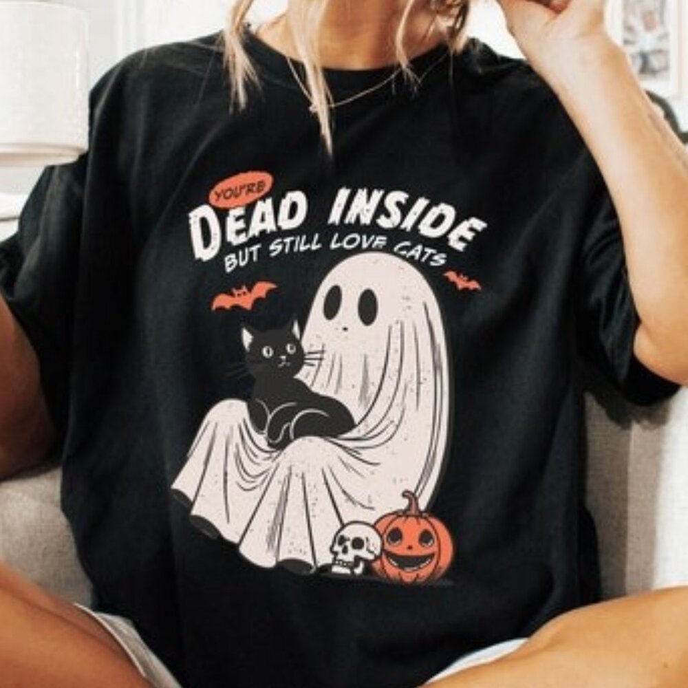 Funny Cat Shirt, Dead Inside But Still Love Cats Halloween Shirt - Picture 1 of 4